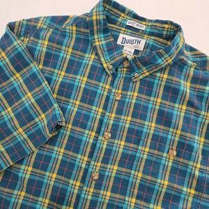 Duluth Trading Co Untucked Shirt Mens 2XL Tall Blue Yellow Plaid Cotton Relaxed